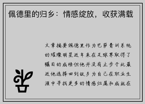 佩德里的归乡：情感绽放，收获满载